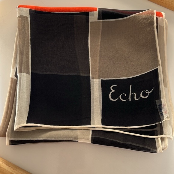 Vintage Echo Modern Geometric Sheer Silk Long Silk Scarf Black, Gray, Red - Picture 7 of 9